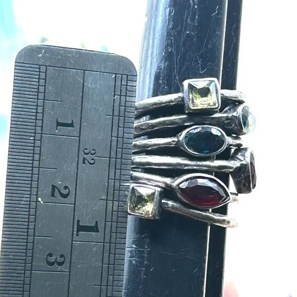 Bundle Lot of 6 Hammered Stacking Silver Gun Metal Crystal Colorful Stone Rings - Picture 9 of 9